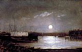 Edward Mitchell Bannister Canvas Paintings - moon over a harbor, wharf scene with full moon and masts of boats